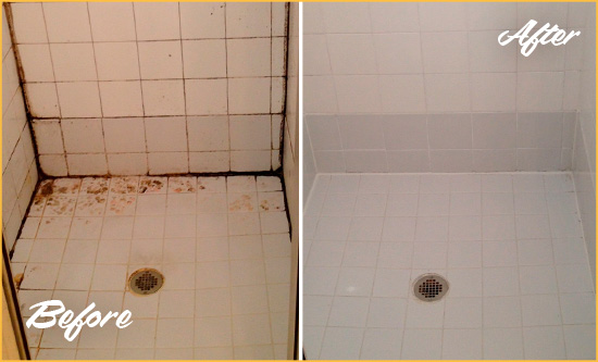 Before and After Picture of a Caulking on this Shower's Wall Joints