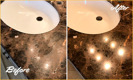 Before and After Picture of a Black Marble Countertop Cleaned and Sealed to Remove Water Marks