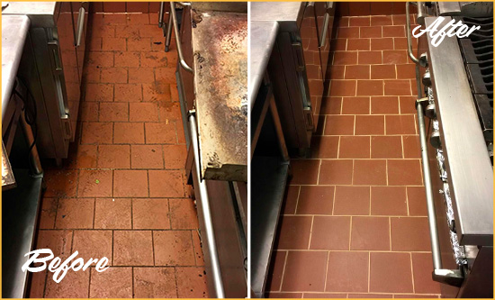 Before and After Picture of a Missouri City Restaurant Kitchen Tile and Grout Cleaned to Eliminate Dirt and Grease Build-Up