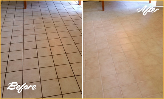 Before and After Picture of a Magnolia Kitchen Tile and Grout Cleaned to Remove Embedded Dirt