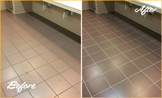 Before and After Picture of a Bayou Vista Restrooms Tile and Grout Cleaned to Remove Embedded Dirt