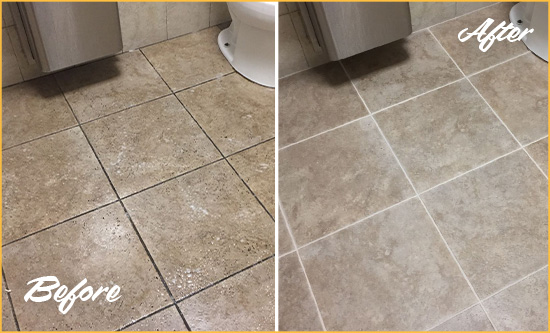 Before and After Picture of a Bayou Vista Restroom Tile and Grout Cleaned to Remove Soil