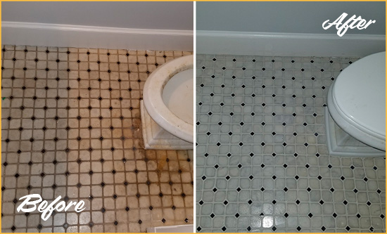 Before and After Picture of a Guy Bathroom Tile and Grout Cleaned to Remove Stains