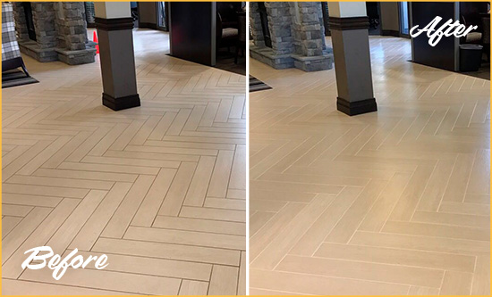 Before and After Picture of a Guy Office Floor Tile and Grout Cleaned to Remove Stains