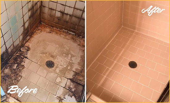 Before and After Picture of a Bayou Vista Shower Tile and Grout Cleaned to Repair Water Damage