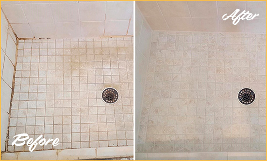 Before and After Picture of a Simonton Shower Caulked to Fix Cracks