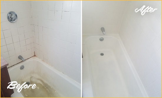 Before and After Picture of a Guy Bathtub Caulked to Repair Cracks
