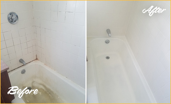 Before and After Picture of a San Leon Bathtub Caulked to Repair Cracks