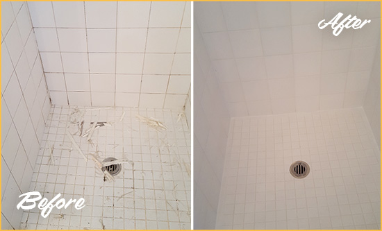 Before and After Picture of a Texas City Bathroom Re-Caulked To Repair Damaged Caulking