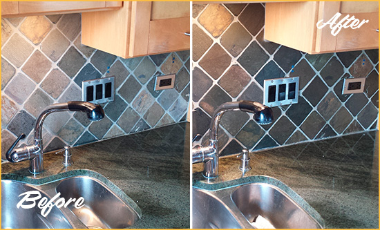 Before and After Picture of a Guy Backsplash Caulked to Fix and Prevent Water Leaks