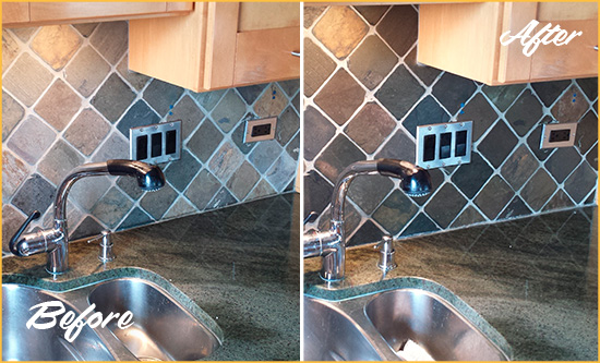 Before and After Picture of a East Bernard Backsplash Caulked to Fix and Prevent Water Leaks