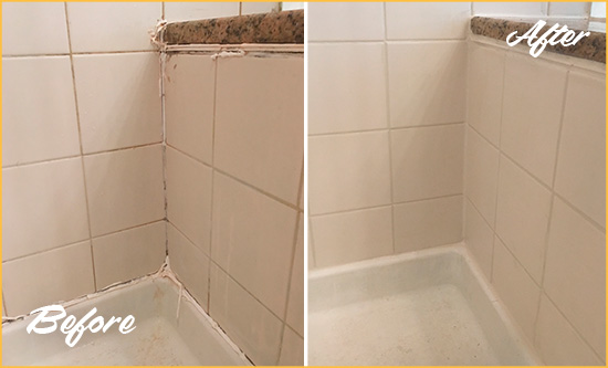 Before and After Picture of a Alvin Shower Caulked to Repair Damaged Caulking