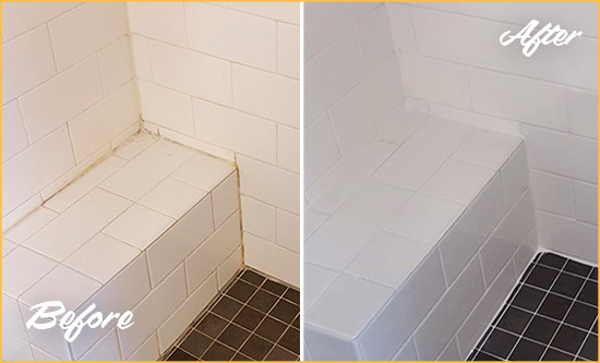 Before and After Picture of a Simonton Shower Seat Caulked to Protect Against Mold and Mildew Growth