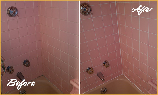 Before and After Picture of a San Leon Bathtub Caulked to Eliminate Mold