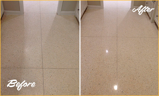 Before and After Picture of a Fulshear Granite Stone Floor Polished to Repair Dullness