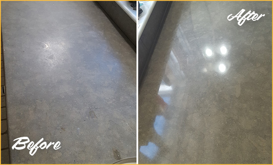 Before and After Picture of a Dull Santa Fe Limestone Countertop Polished to Recover Its Color