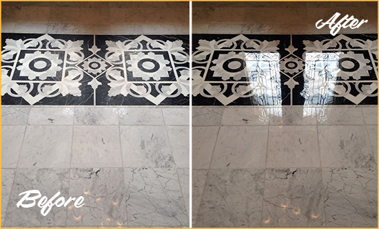 Before and After Picture of a La Marque Marble Stone Floor Polished to a Mirror Shine