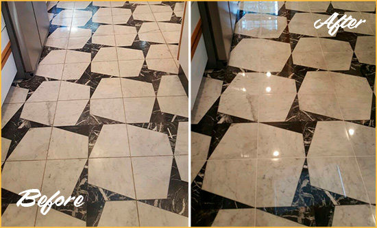 Before and After Picture of a Dull Galveston Marble Stone Floor Polished To Recover Its Luster