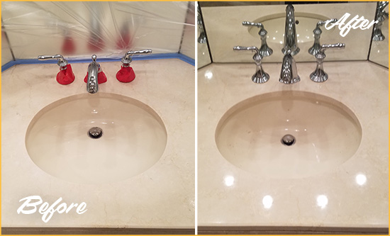 Before and After Picture of a Dull La Marque Marble Stone Vanity Top Polished to Bring-Back Its Sheen