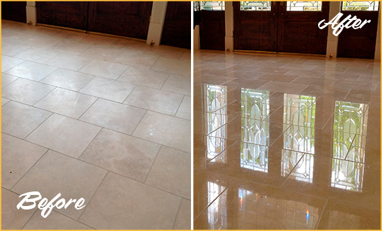 Before and After Picture of a Dull San Leon Travertine Stone Floor Polished to Recover Its Gloss