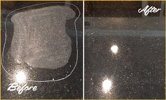 Before and After Picture of a San Leon Granite Stone Countertop Polished to Remove Scratches