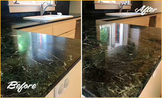 Before and After Picture of a San Leon Marble Stone Counter Polished to Eliminate Water Marks