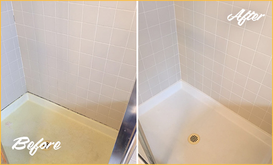 Before and After Picture of a Kemah Shower Sealed to Remove and Protect Against Mold