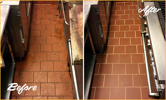 Before and After Picture of a Orchard Restaurant Kitchen Floor Sealed to Remove Soil