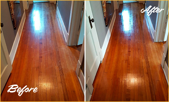 Before and After Picture of a New Waverly Wood Deep Cleaning Service on a Floor to Eliminate Scratches