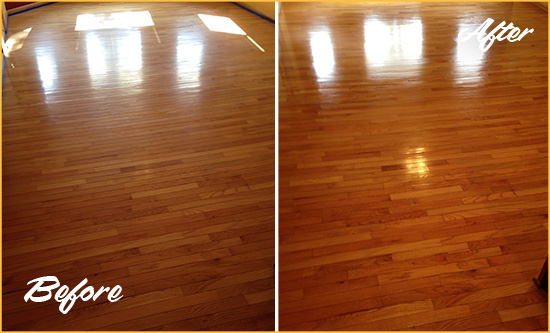 Before and After Picture of a Guy Wood Deep Cleaning Service on a Room Floor to Remove Scratches