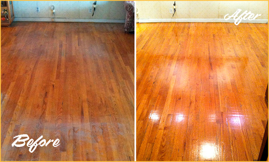 Before and After Picture of a High Island Wood Deep Cleaning Service on a Stained Floor