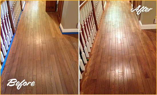 Before and After Picture of a Conroe Wood Deep Cleaning Service on a Worn Out Floor