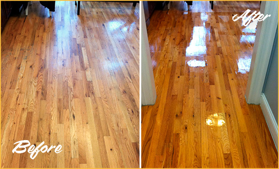 Before and After Picture of a Cypress Wood Deep Cleaning Service on a Worn Out Hallway