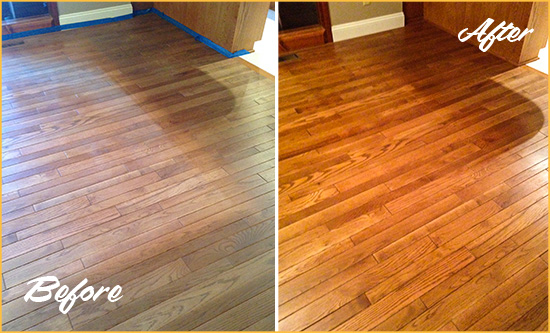 Before and After Picture of a Beasley Wood Sand Free Refinishing Service on a Dull Floor to Recover Its Sheen