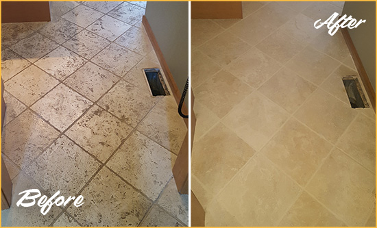 Before and After Picture of a High Island Kitchen Marble Floor Cleaned to Remove Embedded Dirt