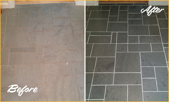 Before and After Picture of a Pinehurst Slate Floor Cleaned to Remove Deep-Seated Dirt