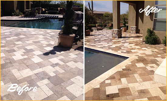 Before and After Picture of a Dull Kemah Travertine Pool Deck Cleaned to Recover Its Original Colors