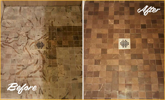 Before and After Picture of a Stained San Leon Marble Shower Floor Cleaned to Remove Etching