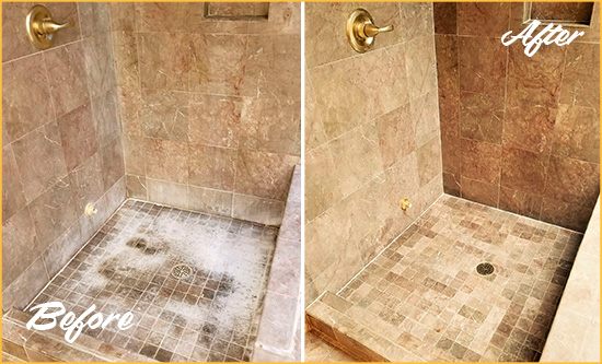 Before and After Picture of a Fulshear Travertine Shower Cleaned to Eliminate Water Spots