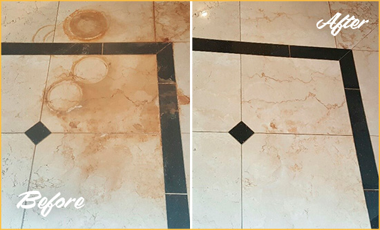 Before and After Picture of a San Leon Marble Floor Cleaned to Eliminate Rust Stains