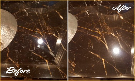 Before and After Picture of a Fulshear Marble Countertop Cleaned to Remove Water Spots