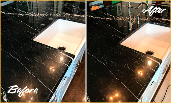 Before and After Picture of a Fulshear Marble Kitchen Countertop Stone Sealed to Avoid Water Damage