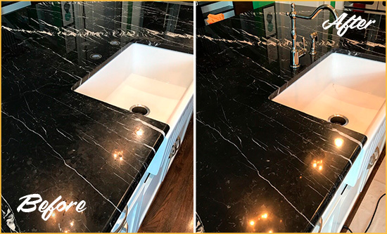 Before and After Picture of a Damon Marble Kitchen Countertop Stone Sealed to Avoid Water Damage