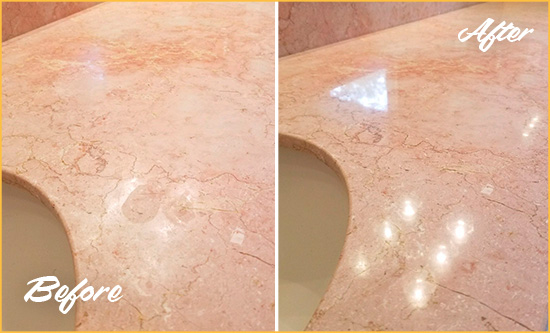 Before and After Picture of a Simonton Marble Stone Vanity Top Sealed to Avoid Water Marks