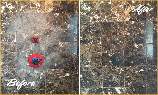 Before and After Picture of a Clear Lake Shores Marble Shower Honed to Remove Scratches