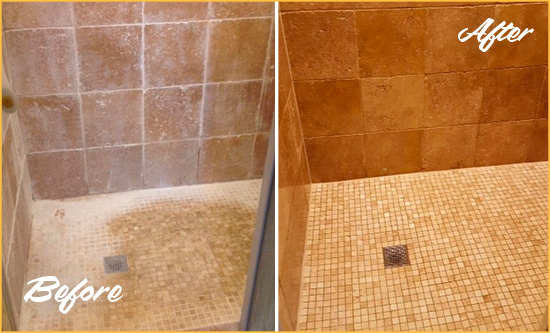 Before and After Picture of a The Woodlands Travertine Shower Honed to Remove Mineral Deposits