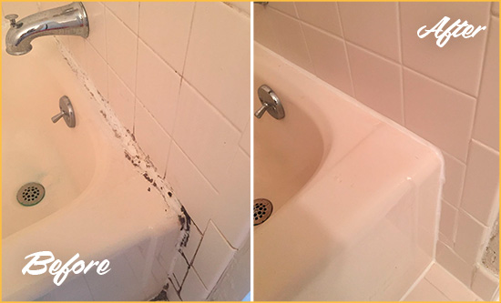 Before and After Picture of a Pearland Hard Surface Restoration Service on a Tile Shower to Repair Damaged Caulking