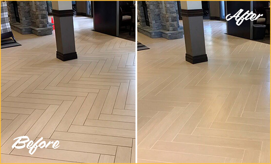 Before and After Picture of a Spring Hard Surface Restoration Service on an Office Lobby Tile Floor to Remove Embedded Dirt