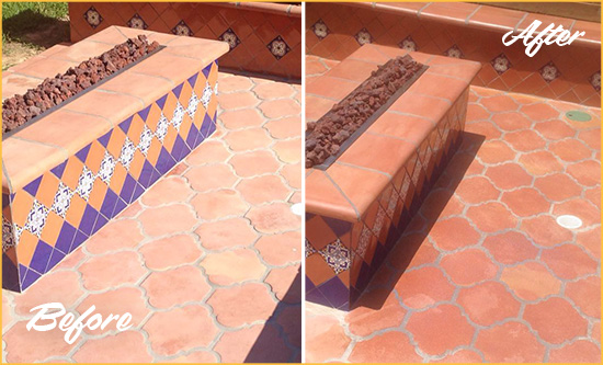 Before and After Picture of a Texas City Hard Surface Restoration Service on a Dull Terracotta Patio Floor to Recover Its Color
