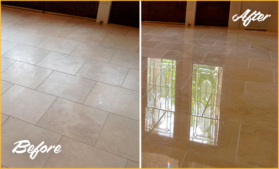 Before and After Picture of a Kingwood Hard Surface Restoration Service on a Dull Travertine Floor Polished to Recover Its Splendor